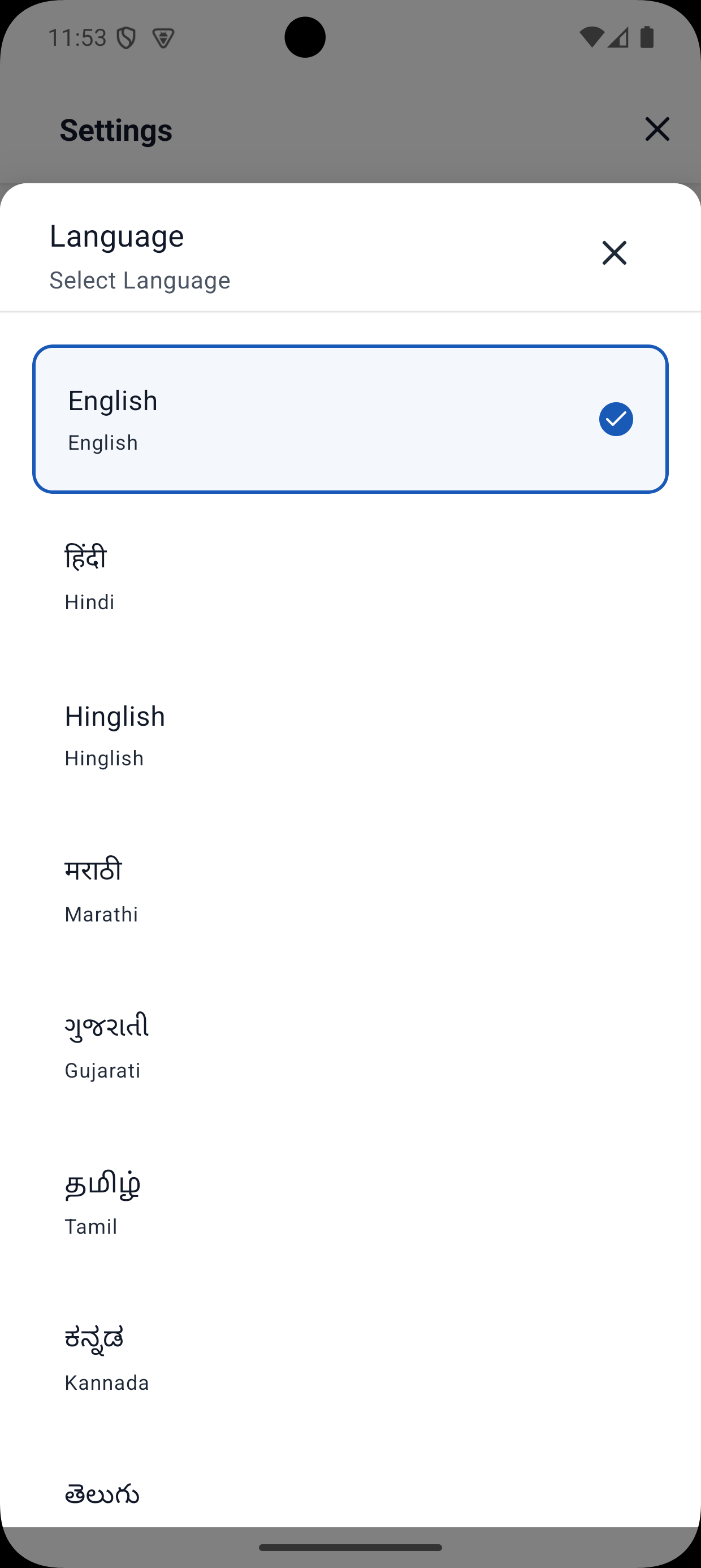 Yojo app language selection — Hindi, Marathi, Tamil and more