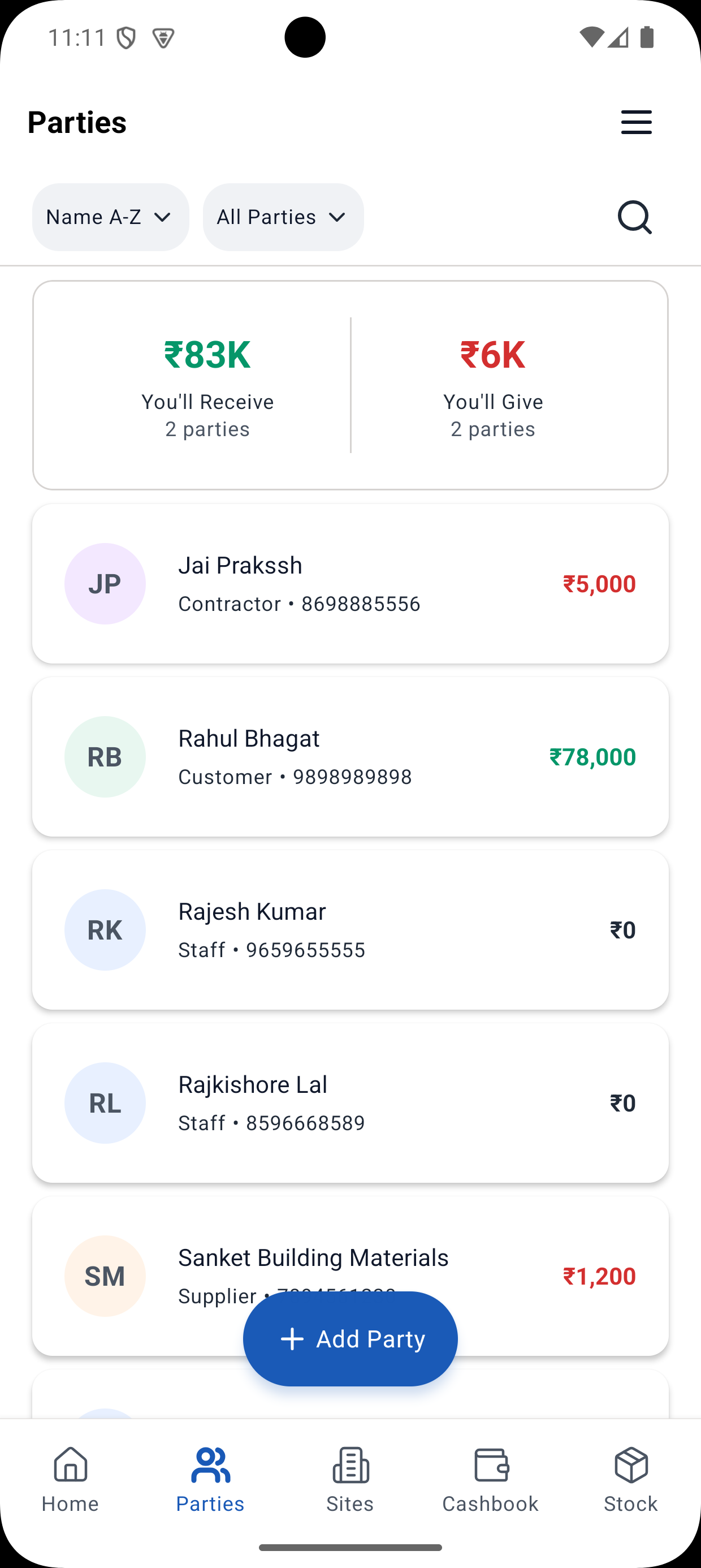Yojo Parties & Payments feature screenshot - Construction management app interface