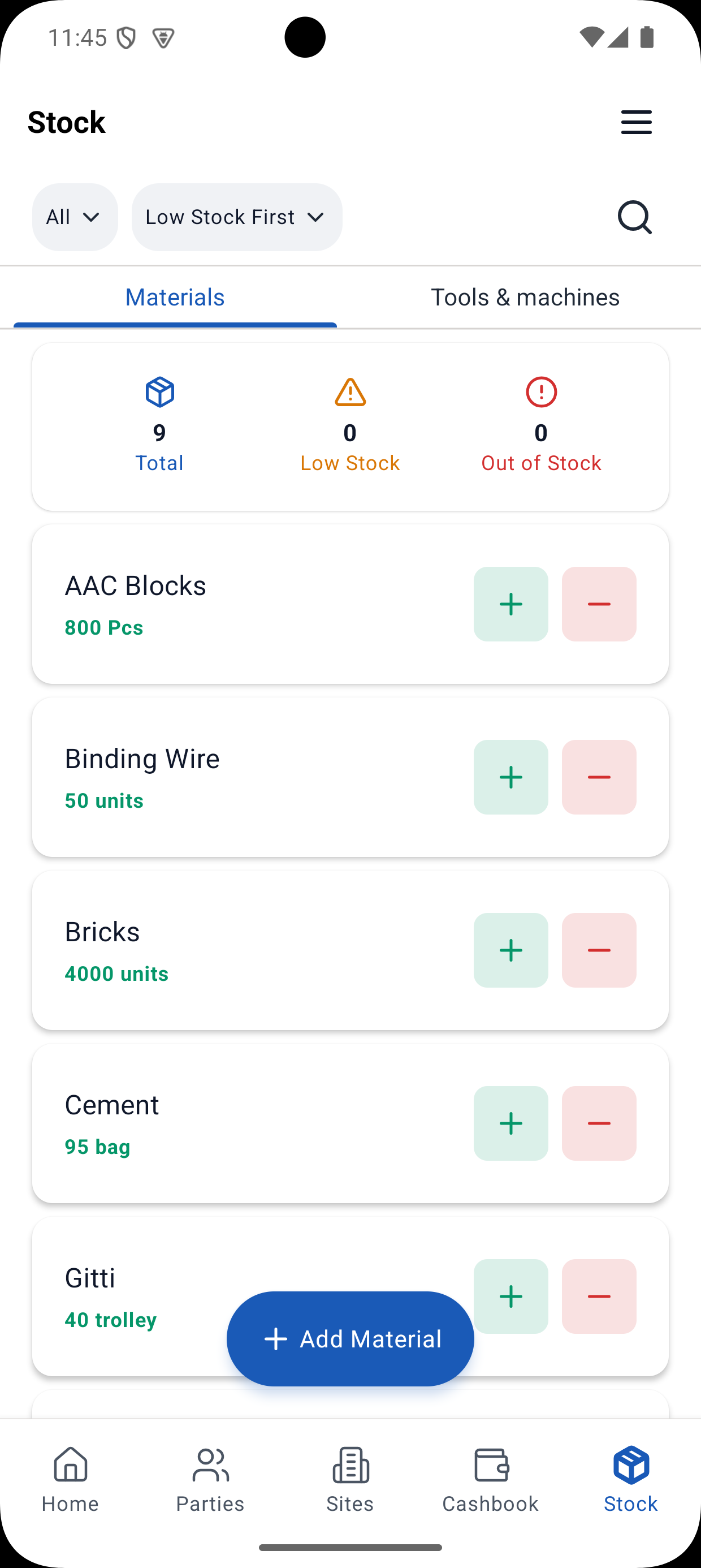 Yojo Stock & Inventory feature screenshot - Construction management app interface