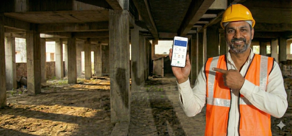 Indian contractor with Yojo construction management app at construction site